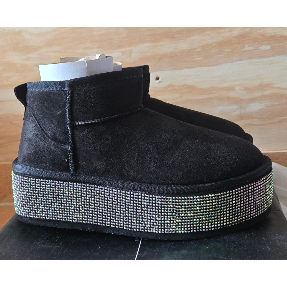 Cape Robbin Keylo Bootie Black Rhinestone Platform FauxFurAnkle Boots Womens 7.5